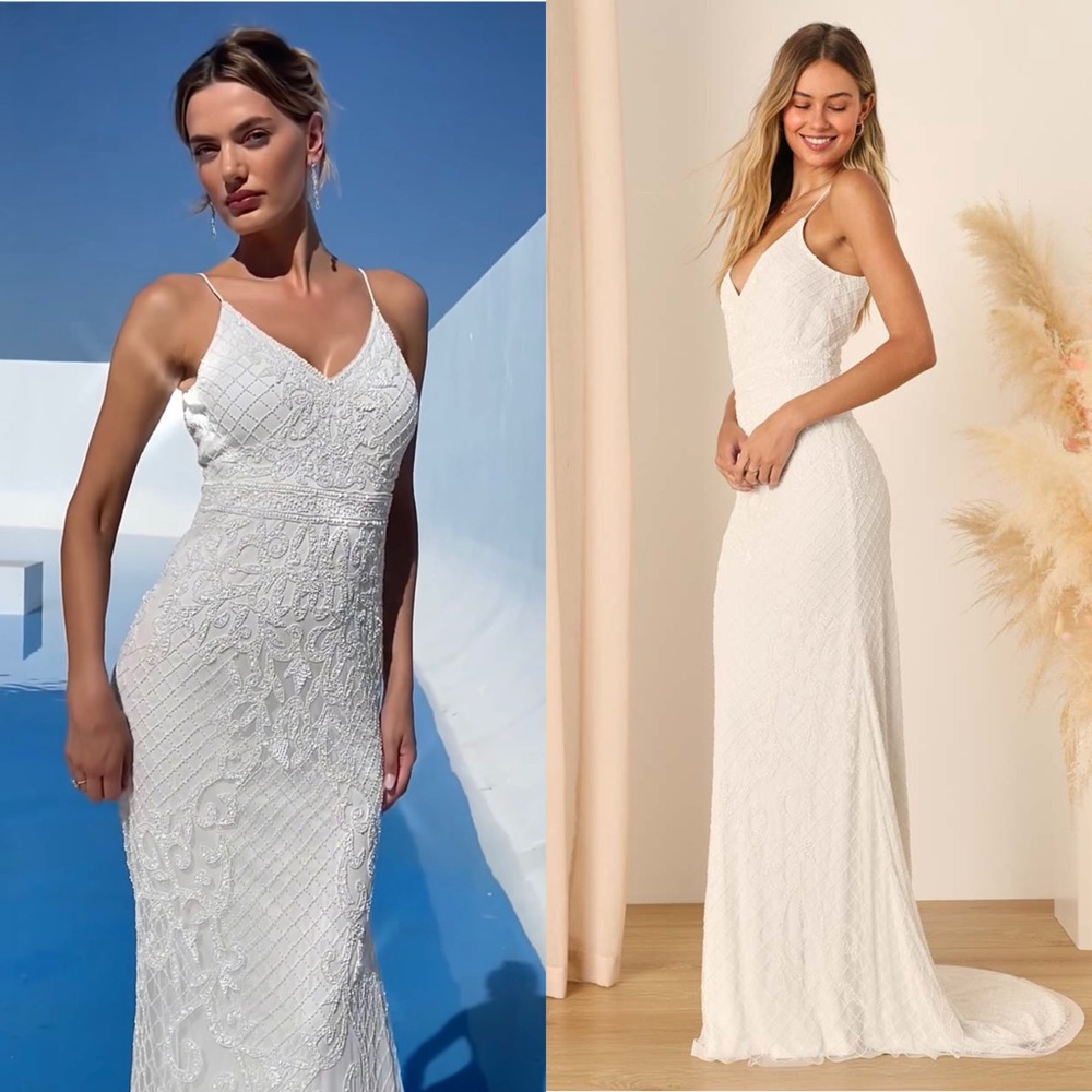 LULUS Floral Beaded Sleeveless V-Neck Mermaid Skirt Wedding Gown With‎ Train M